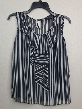 Black and White Striped Ruffle Sleeveless Top -